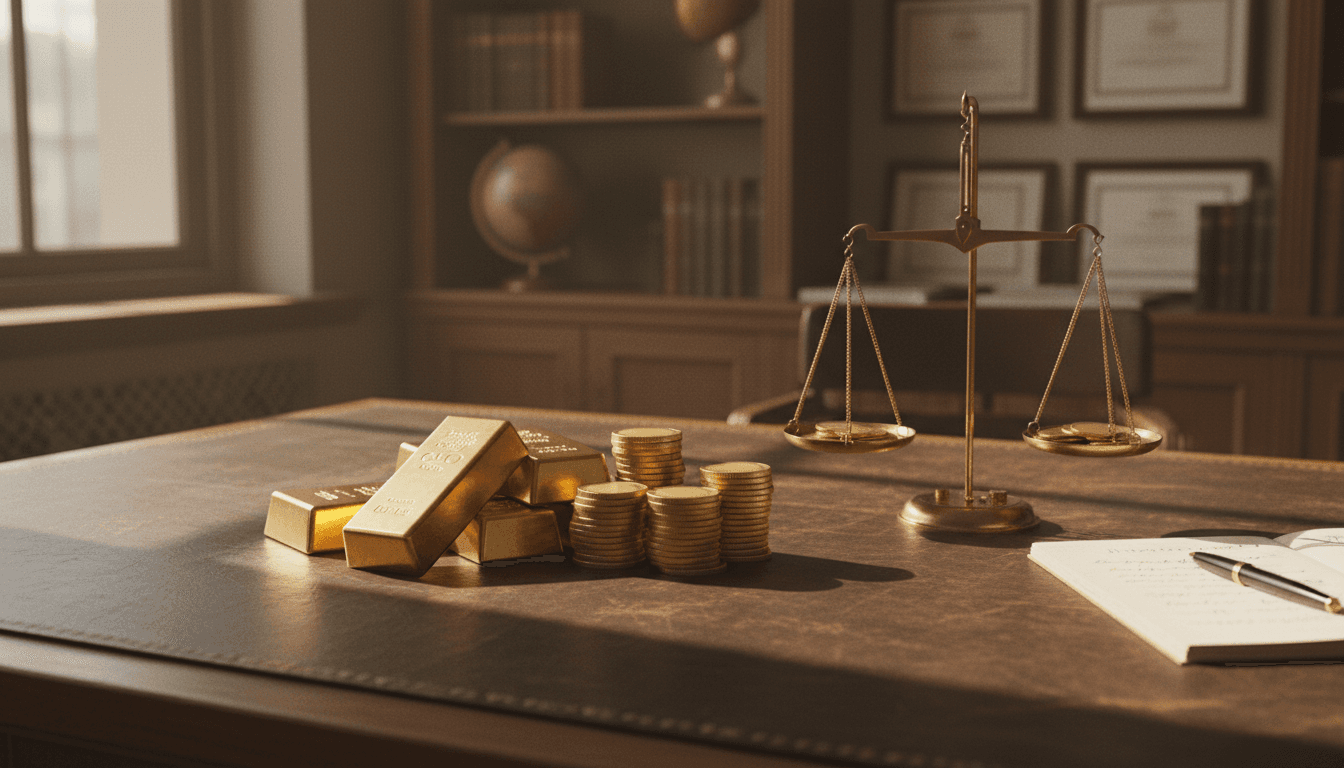 Gold bars and coins arranged for transaction
